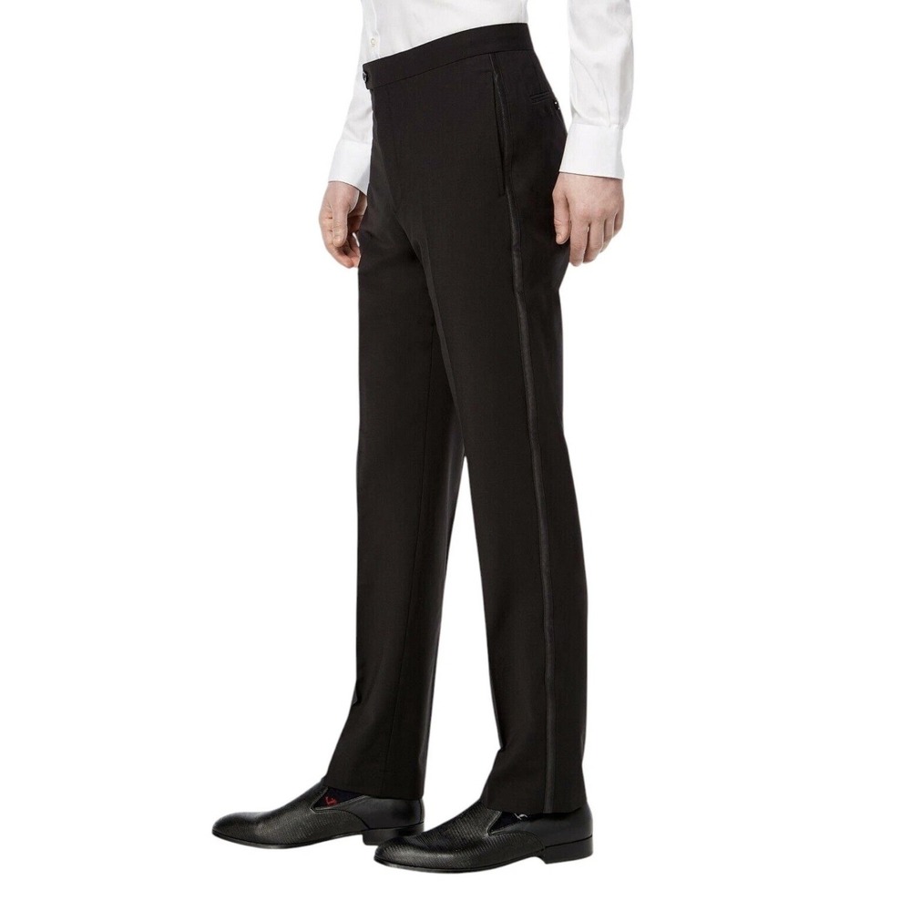 Calvin Klein Mens Slim Fit Wool Tuxedo Pants 40 / 32 Black Solid w/ Satin Stripe